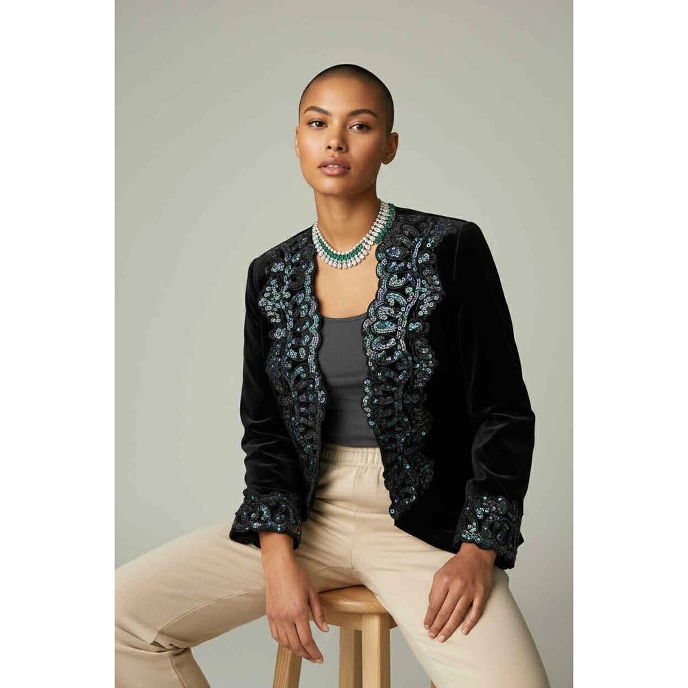 Vintage Karen Lucas for Niki Black Velvet Jacket w/Iridescent Sequin Trim Sz 6